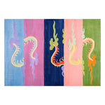 Vibrant Dragon Horizon Symphony Hand Tufted Wool Area Rug featuring a colorful abstract dragon design with sections in blue, pink, navy, coral, and green.