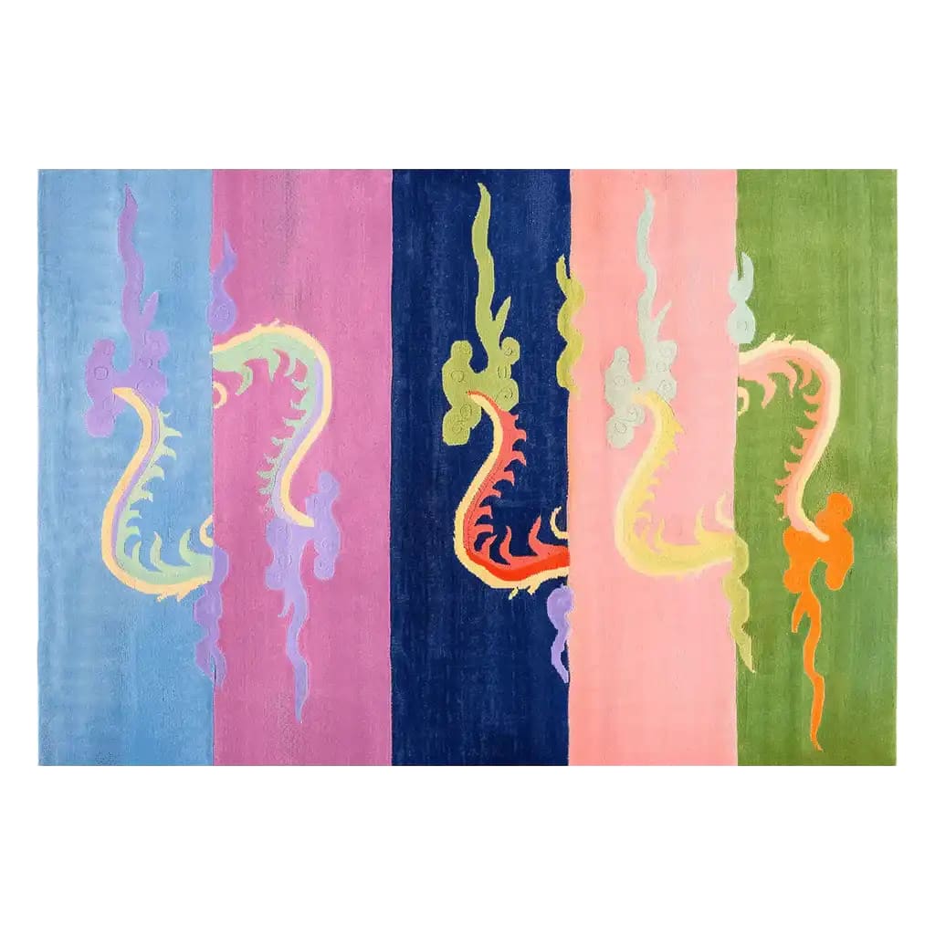 Vibrant Dragon Horizon Symphony Hand Tufted Wool Area Rug featuring a colorful abstract dragon design with sections in blue, pink, navy, coral, and green.