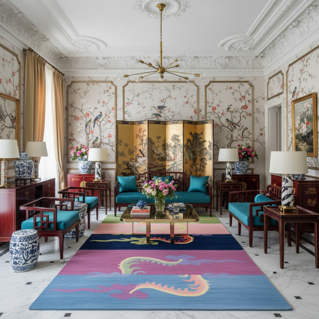 Decorative living room with colorful rug, furniture, and wall art.