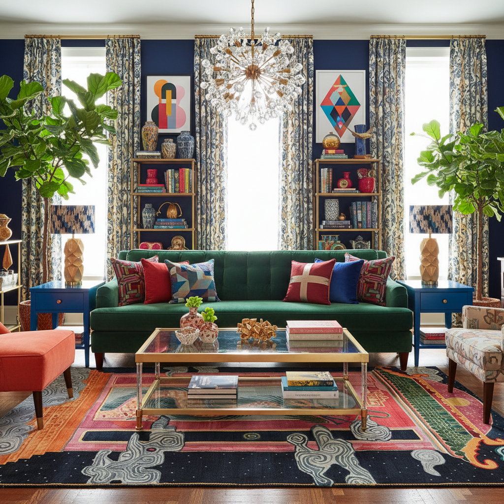 Colorful living room with a green sofa, patterned rug, and decorative elements.