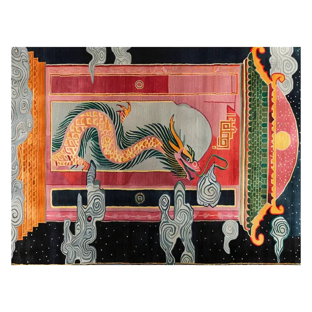 Vibrant hand-tufted wool area rug featuring an intricate dragon design, set against a rich backdrop of swirling clouds and abstract patterns, perfect for adding a touch of mythical elegance to any room.