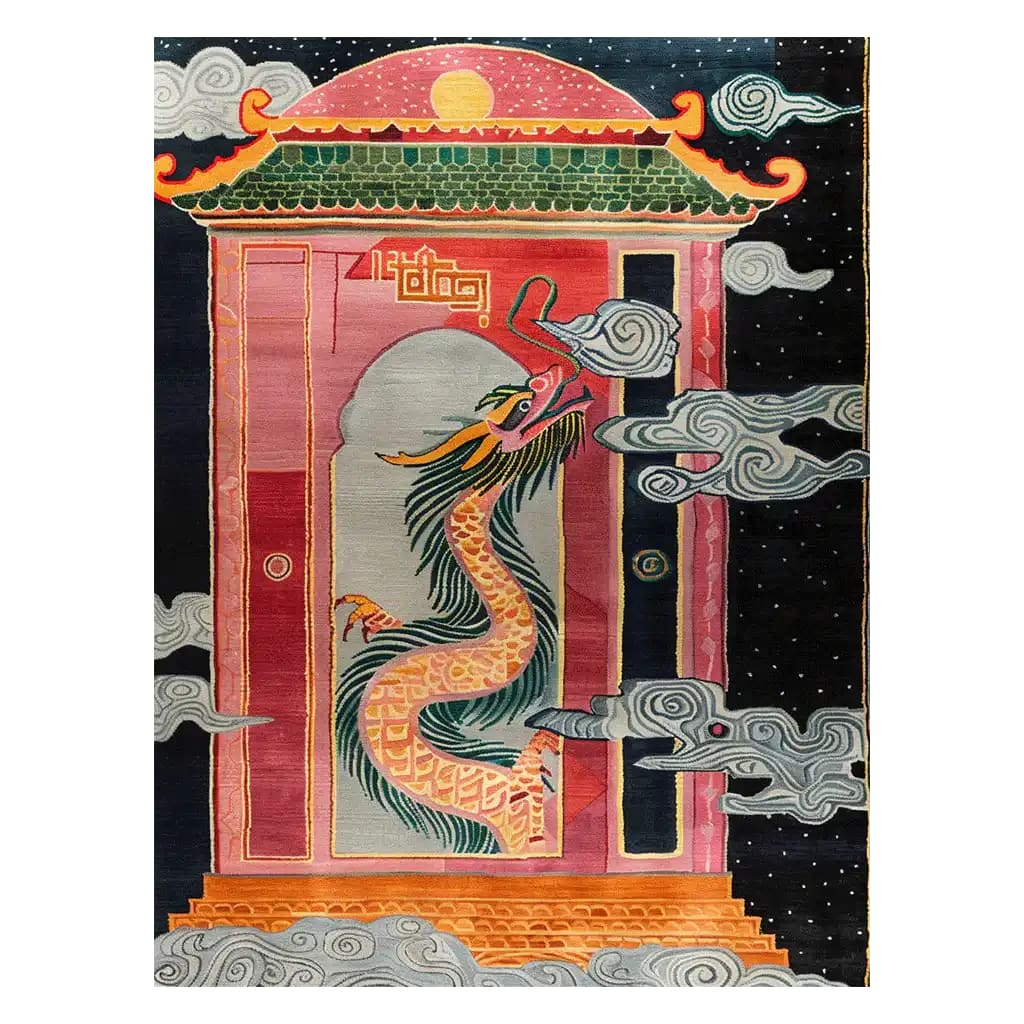 Vibrant Dragon Maze Sanctuary hand-tufted wool area rug showcasing an intricate design with a mythical dragon in rich colors, set against a backdrop of traditional architectural elements and swirling clouds.