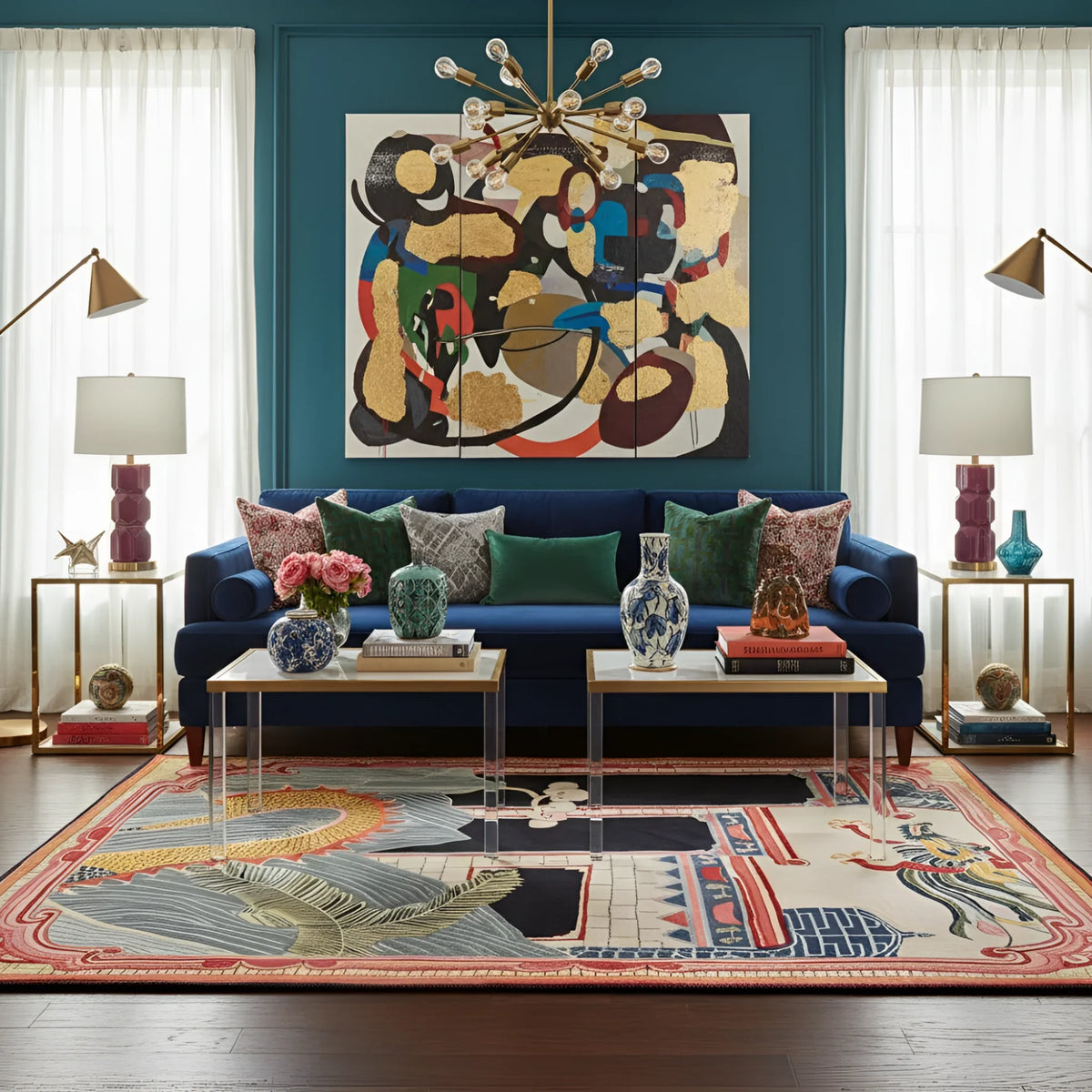Living room with a blue sofa, colorful rug, and abstract painting on a teal wall.
