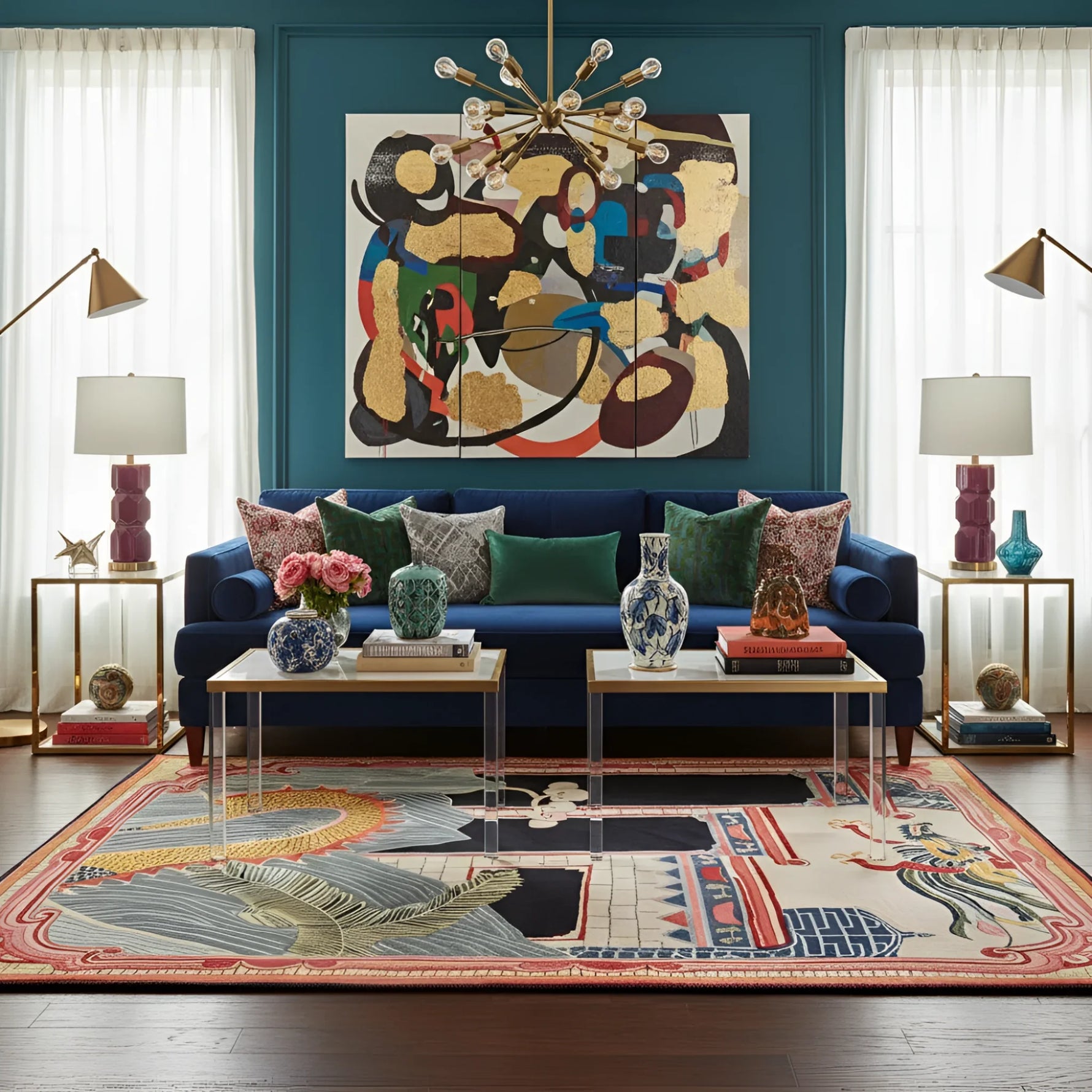 Living room with a blue sofa, colorful rug, and abstract painting on a teal wall.