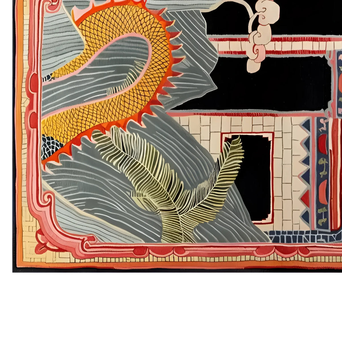 Vibrant area rug featuring an intricate dragon design with flowing lines and bold colors, including oranges, blues, and greens, all set against a rich black background. The hand-tufted wool rug showcases detailed patterns, perfect for adding a touch of artistry and elegance to any room.