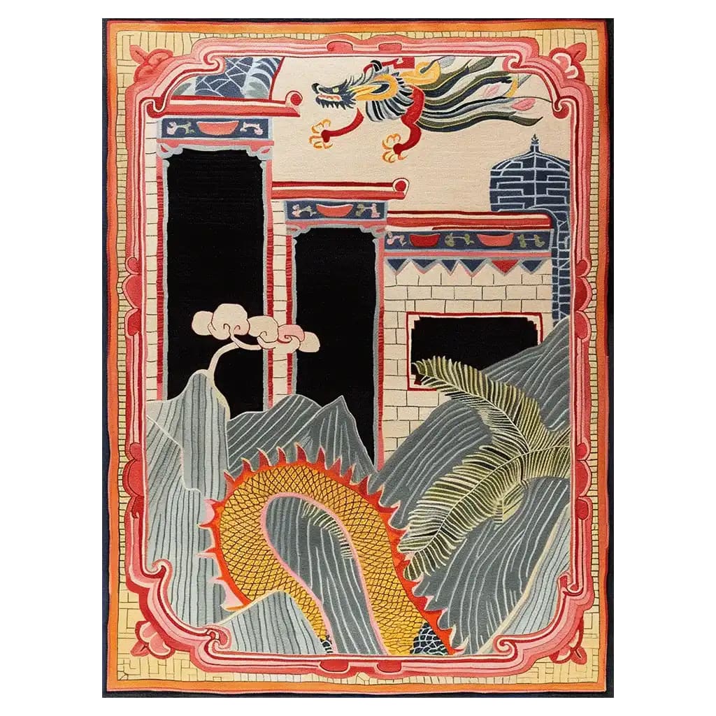 The Dragon Temple Vista Hand Tufted Wool Rug features a vibrant and intricate design with a mythical dragon soaring above temple motifs and stylized clouds. The area rug showcases a rich palette of reds, blues, and greens, providing a striking and elegant addition to any room.