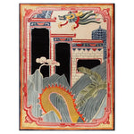 The Dragon Temple Vista Hand Tufted Wool Rug features a vibrant and intricate design with a mythical dragon soaring above temple motifs and stylized clouds. The area rug showcases a rich palette of reds, blues, and greens, providing a striking and elegant addition to any room.