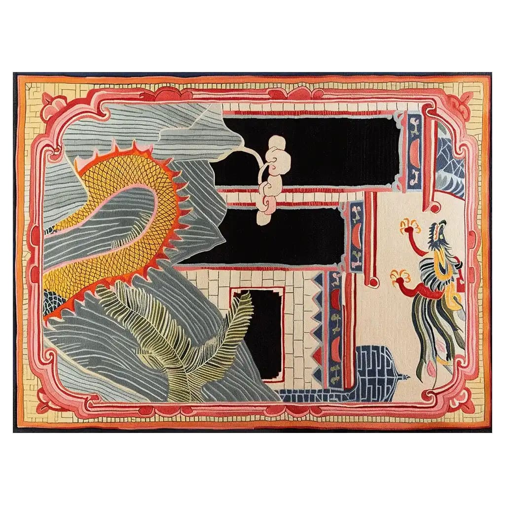 This vibrant area rug, titled 'Dragon Temple Vista Hand Tufted Wool Rug', features an intricate design with a majestic dragon motif. The detailed patterns include bold colors and ornate borders, creating a striking visual impact perfect for enhancing any room.