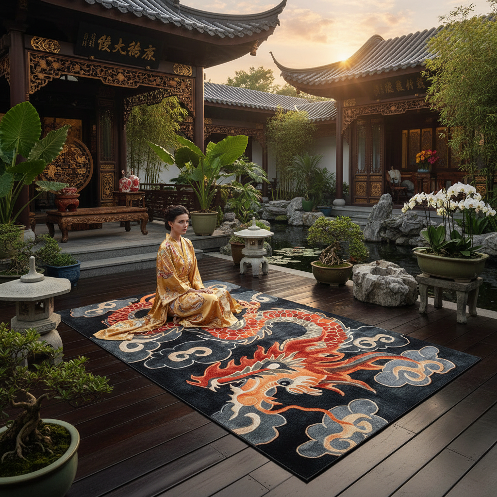 Woman in traditional attire sitting on a dragon rug in a serene garden setting with wooden architecture.