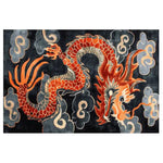 A striking hand-tufted area rug featuring a vibrant dragon design in fiery oranges and reds against a dark background, ideal for adding a bold statement to large living rooms. This wool rug combines artistic flair with comfort, making it a perfect choice for those seeking unique and eye-catching decor.