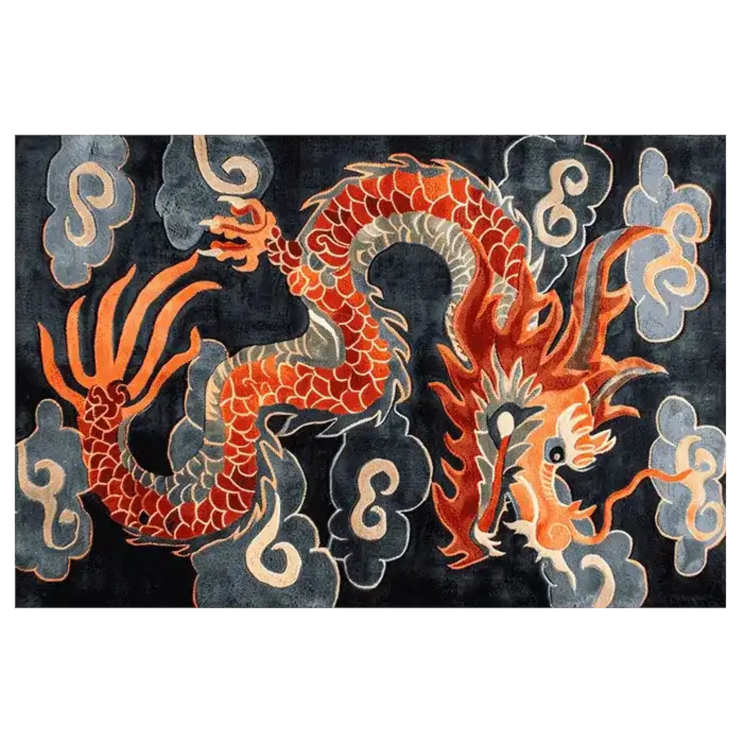 A striking hand-tufted area rug featuring a vibrant dragon design in fiery oranges and reds against a dark background, ideal for adding a bold statement to large living rooms. This wool rug combines artistic flair with comfort, making it a perfect choice for those seeking unique and eye-catching decor.