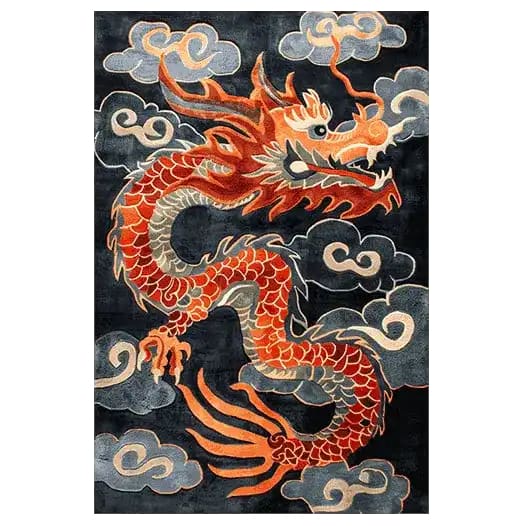 The Dragon Wrath Hand Tufted Area Rug features a striking design with a vibrant red and orange dragon set against a dark background with swirling clouds. Perfect for large living room rugs, this wool rug adds a bold and mystical touch to any space.