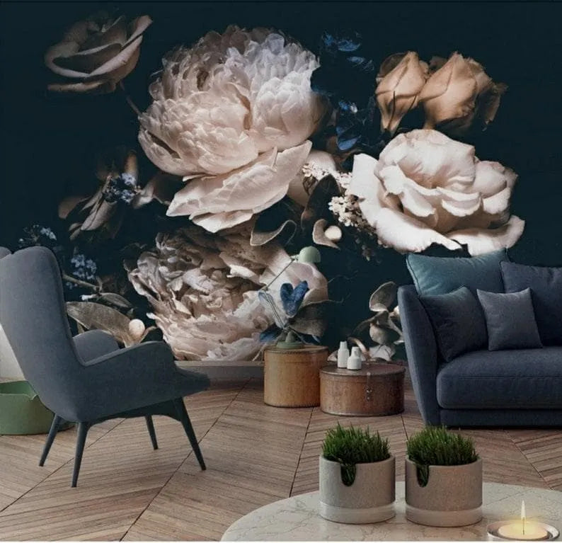 Dramatic Blush Roses on Dark Floral Wallpaper Mural