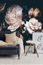 Dramatic Blush Roses on Dark Floral Wallpaper Mural