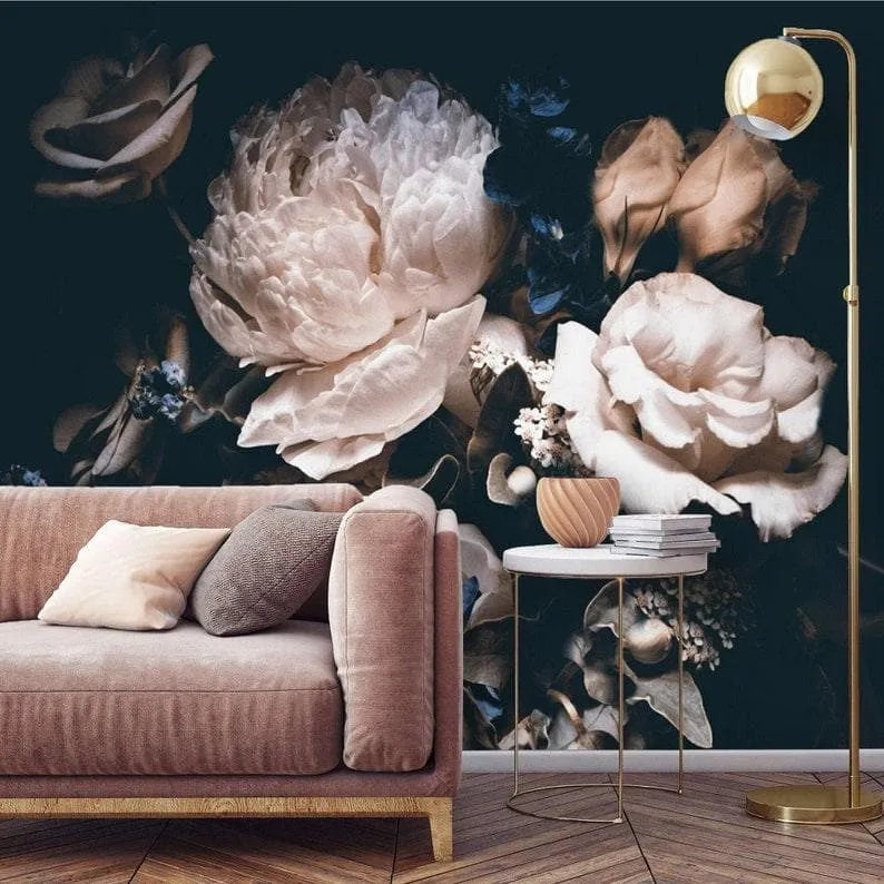 Dramatic Blush Roses on Dark Floral Wallpaper Mural