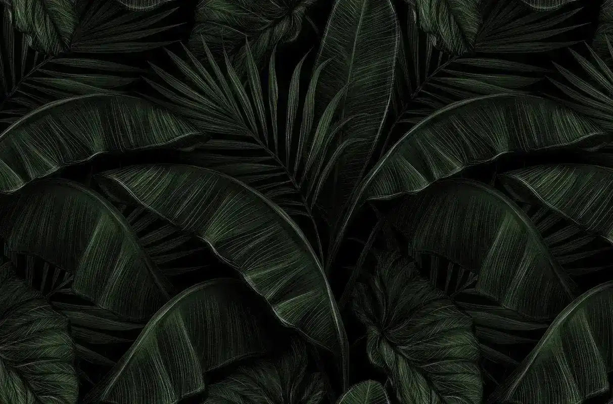 Dark tropical wallpaper — dense dark green banana leaves and palm fronds, overlapping all-over pattern, near-black background