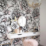 Dramatic Peonies and Roses Black and White Wallpaper