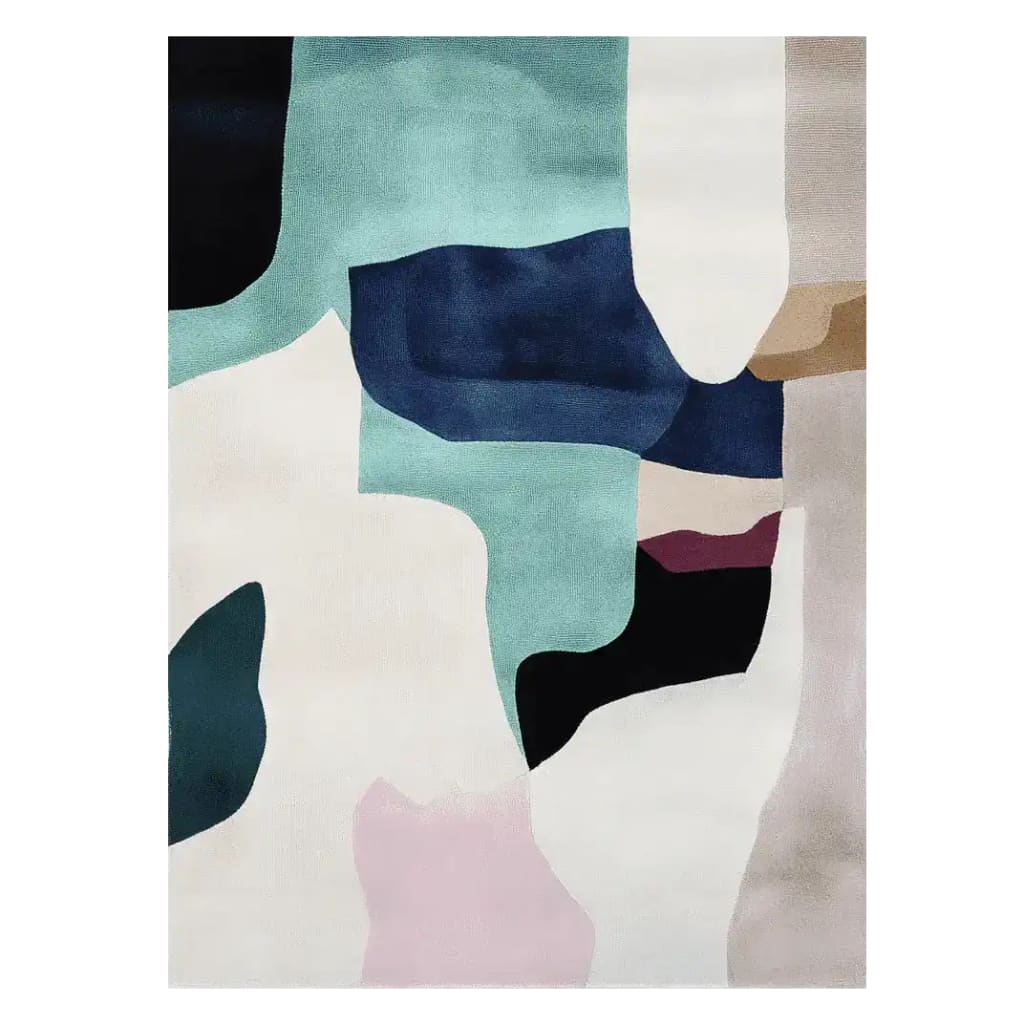 A contemporary area rug featuring an abstract design with bold, overlapping shapes in shades of teal, navy, and beige, perfect for adding a modern touch to living rooms. This hand-tufted wool rug measures 8x10, ideal for spacious areas.