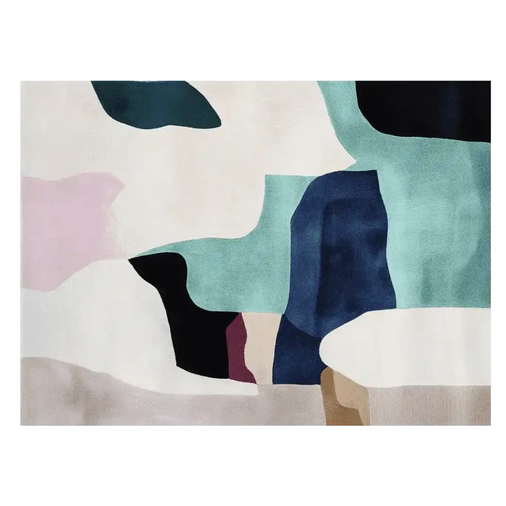 Dream Coast Layers Hand Tufted Rug showcasing an abstract design with vibrant colors, ideal for contemporary spaces. This 8x10 wool area rug is perfect for living rooms, adding a touch of modern elegance.