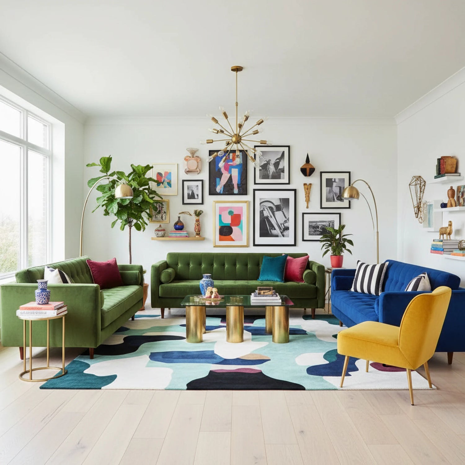 Modern living room with colorful furniture, a contemporary wool rug, and decorative elements.