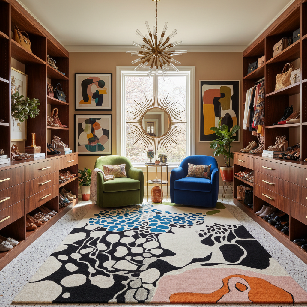 Modern interior design with wooden shelves, colorful rug, and decorative items.