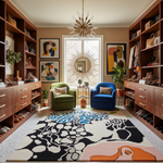 Modern interior design with wooden shelves, colorful rug, and decorative items.