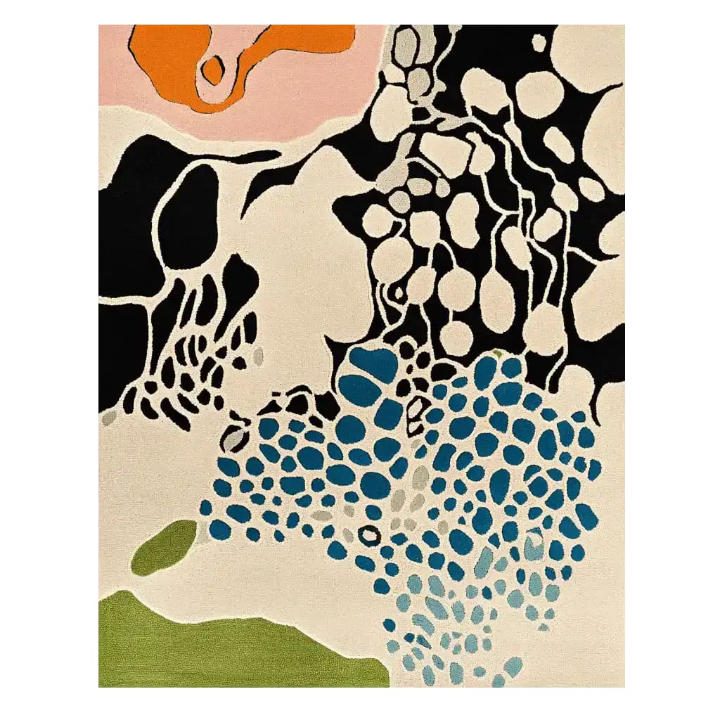 This vibrant area rug, titled 'Dream Current Flow Hand Tufted Rug', showcases a contemporary design with abstract patterns in bold colors, perfect for large living room spaces. The wool rug features an intricate mix of black, blue, orange, and green hues, making it an ideal choice for those seeking unique living room area rugs.