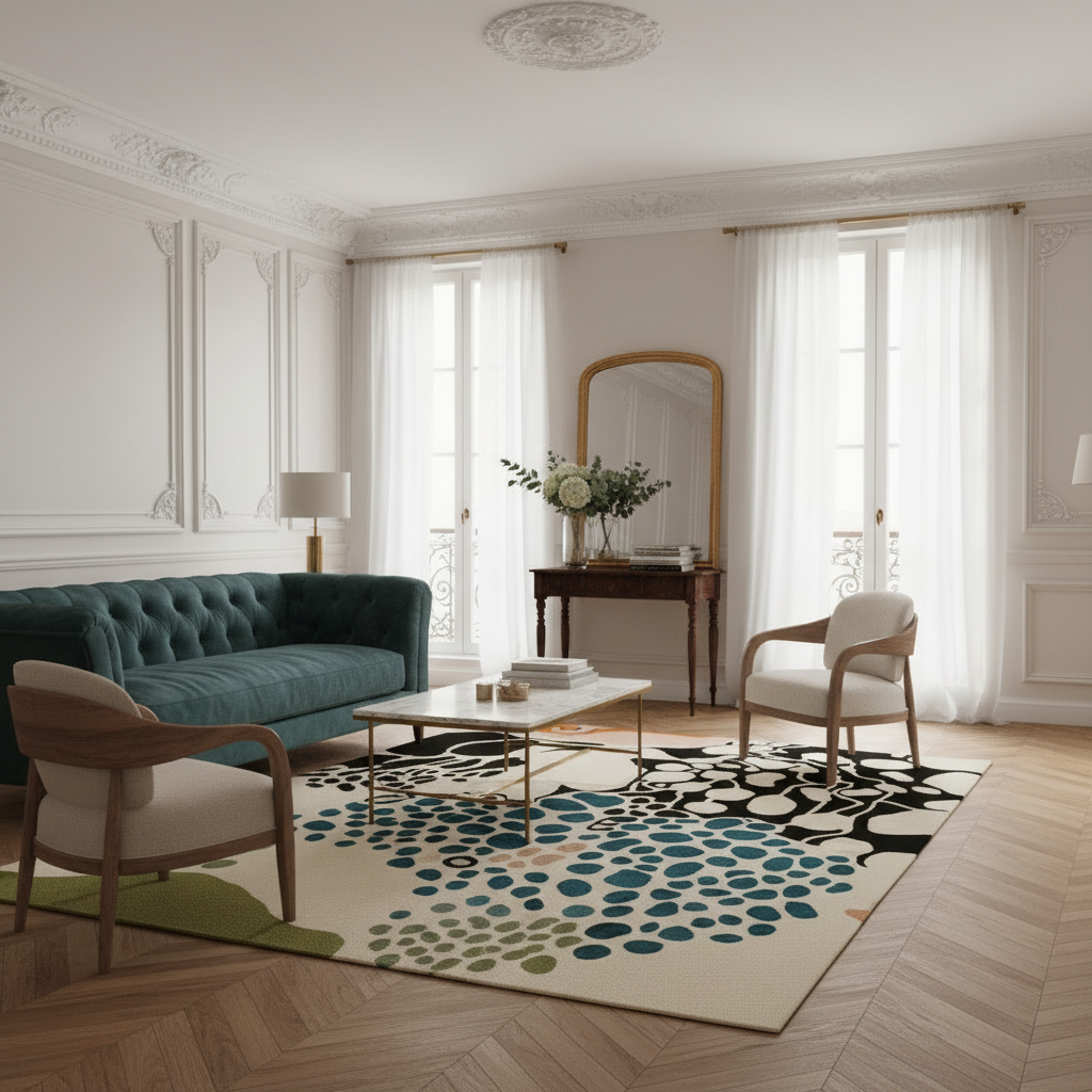 Living room with a green sofa, wooden chairs, and a patterned rug.
