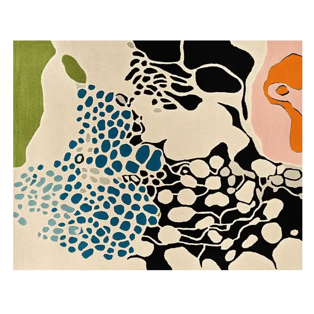 Top view of the Dream Current Flow Hand Tufted Area Rug, showcasing an abstract design with bold colors like blue, green, black, and orange. This contemporary rug, crafted from wool, is ideal for large living room spaces and adds a modern touch to any living area.