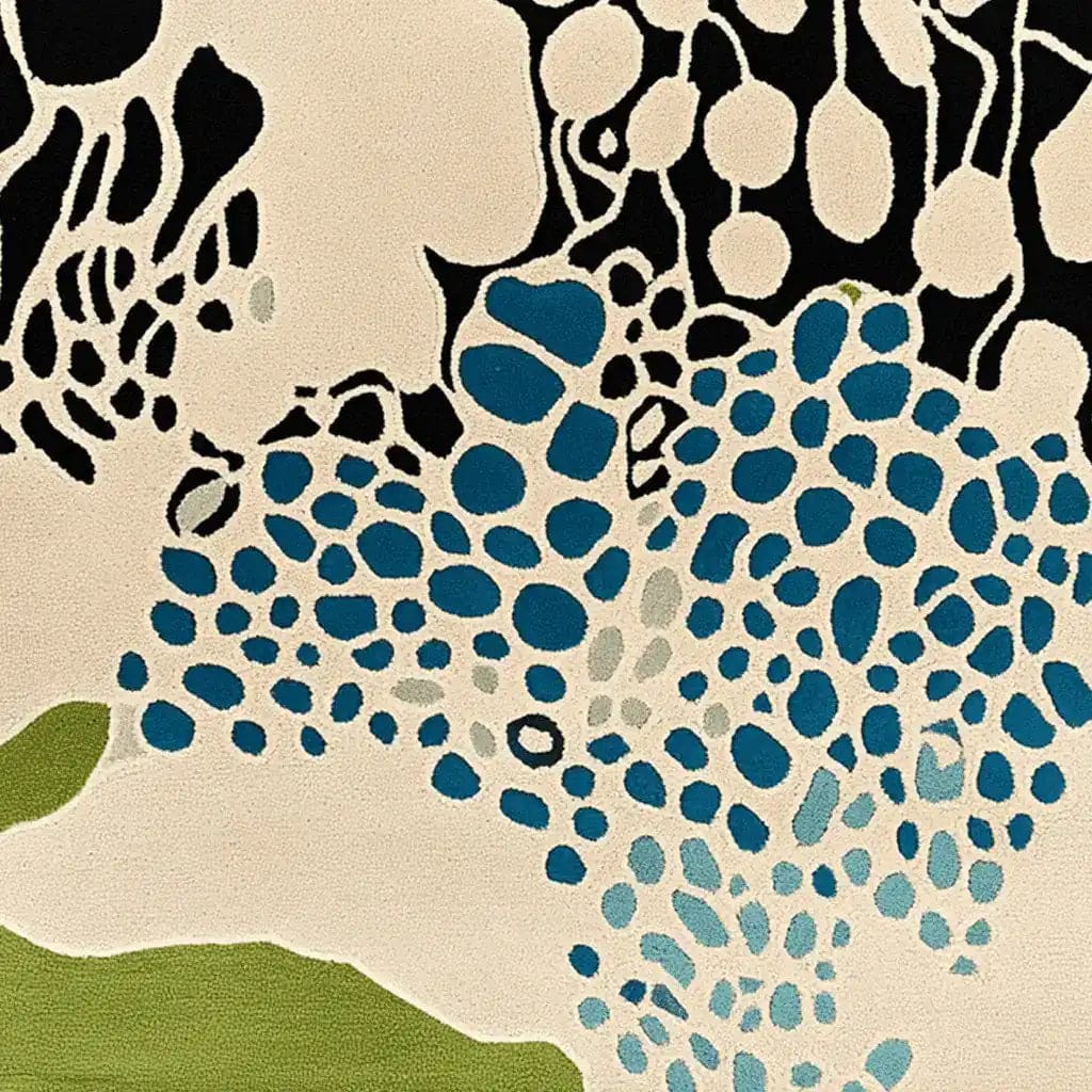 Close-up view of the Dream Current Flow Hand Tufted Area Rug featuring a contemporary design with abstract patterns in blue, black, and green. This wool rug is perfect for large living room spaces, offering a modern and artistic touch to your home decor.