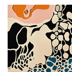 A vibrant, abstract area rug featuring bold, swirling patterns in black, white, orange, and blue. This contemporary rug, ideal for large living room spaces, is crafted from high-quality wool, showcasing a unique design that adds a modern touch to any living room area.