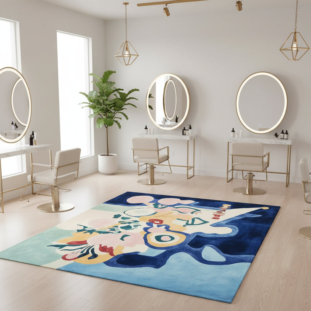 Dream Flora Sequence Hand Tufted Area Rug featuring an abstract design in vibrant colors, ideal for contemporary living rooms. This wool rug showcases bold splashes of blue, pink, and yellow, making it a stylish choice for living room area rugs.