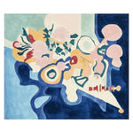 A vibrant abstract area rug featuring an array of colorful shapes and patterns, perfect for adding a contemporary touch to any living room. This wool rug, known as the Dream Flora Sequence, showcases a mix of blue, pink, yellow, and green hues, making it an ideal choice for those seeking unique living room area rugs.