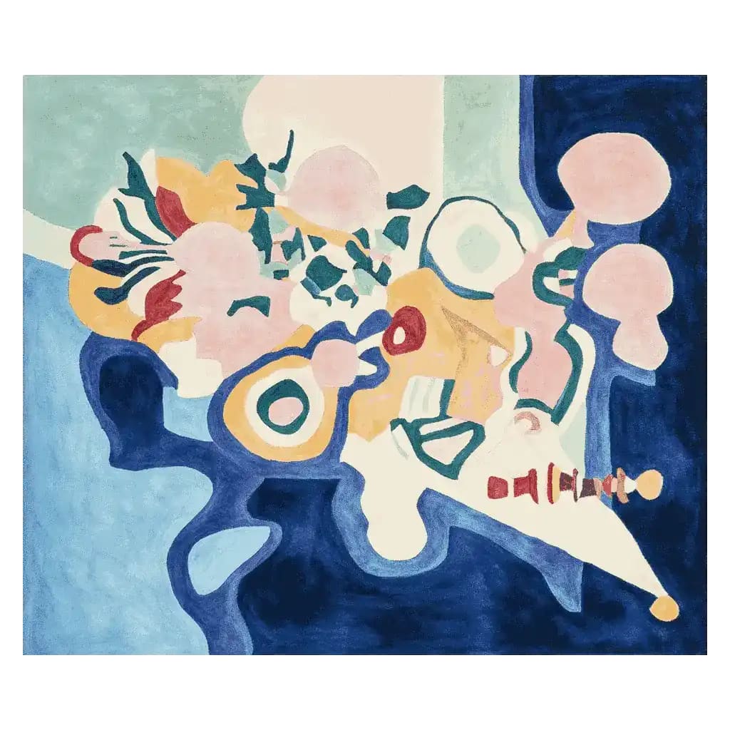 A vibrant abstract area rug featuring an array of colorful shapes and patterns, perfect for adding a contemporary touch to any living room. This wool rug, known as the Dream Flora Sequence, showcases a mix of blue, pink, yellow, and green hues, making it an ideal choice for those seeking unique living room area rugs.