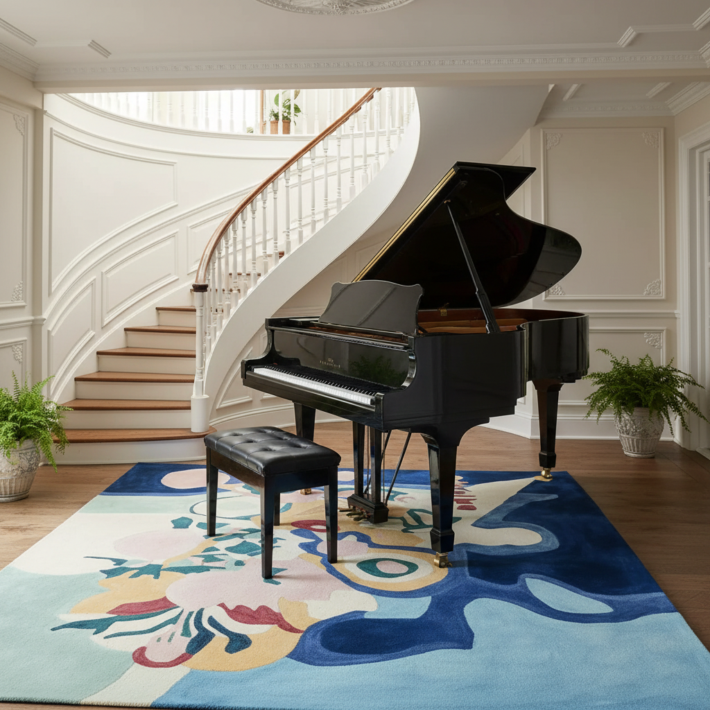 Black grand piano in a room with a colorful rug and staircase in the background