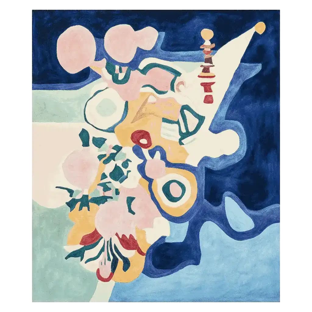 Dream Flora Sequence Hand Tufted Area Rug featuring an abstract design in vibrant colors, ideal for contemporary living rooms. This wool rug showcases bold splashes of blue, pink, and yellow, making it a stylish choice for living room area rugs.