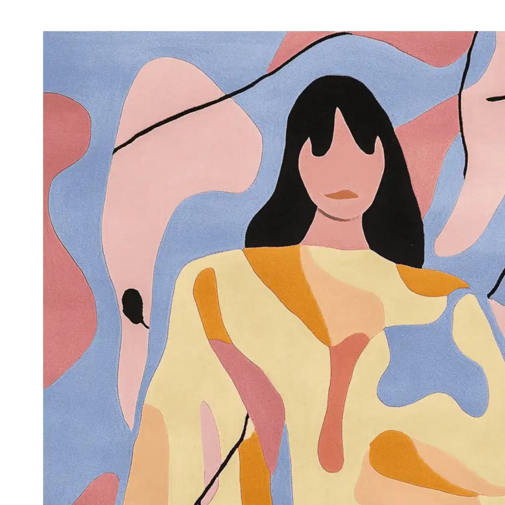 A contemporary area rug featuring an abstract design with a blend of soft colors including blue, pink, and orange. The hand-tufted wool rug displays a stylized human figure, perfect for adding artistic flair to living room rugs in an 8x10 size.