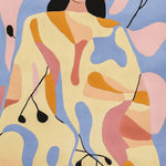 A vibrant hand-tufted area rug showcasing an abstract design with pastel colors including blue, pink, and orange. This contemporary rug is perfect for adding a splash of color to your living room. Ideal as a wool rug in 8x10 size, it features flowing shapes and black line accents, creating a dynamic and artistic look.