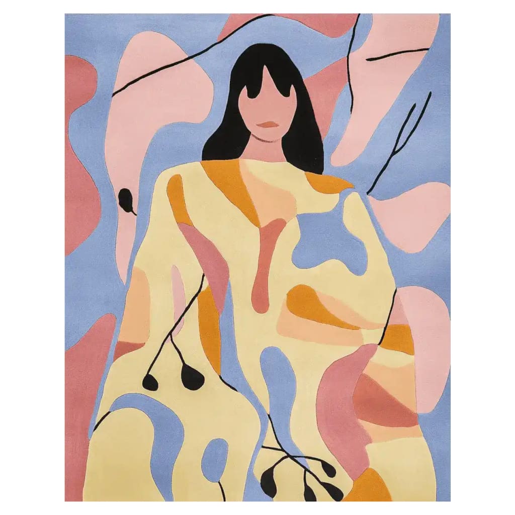 A vibrant area rug featuring a contemporary abstract design with bold patterns and colors. This hand-tufted wool rug, perfect for living room spaces, measures 8x10 and showcases a unique blend of pink, blue, and orange hues.