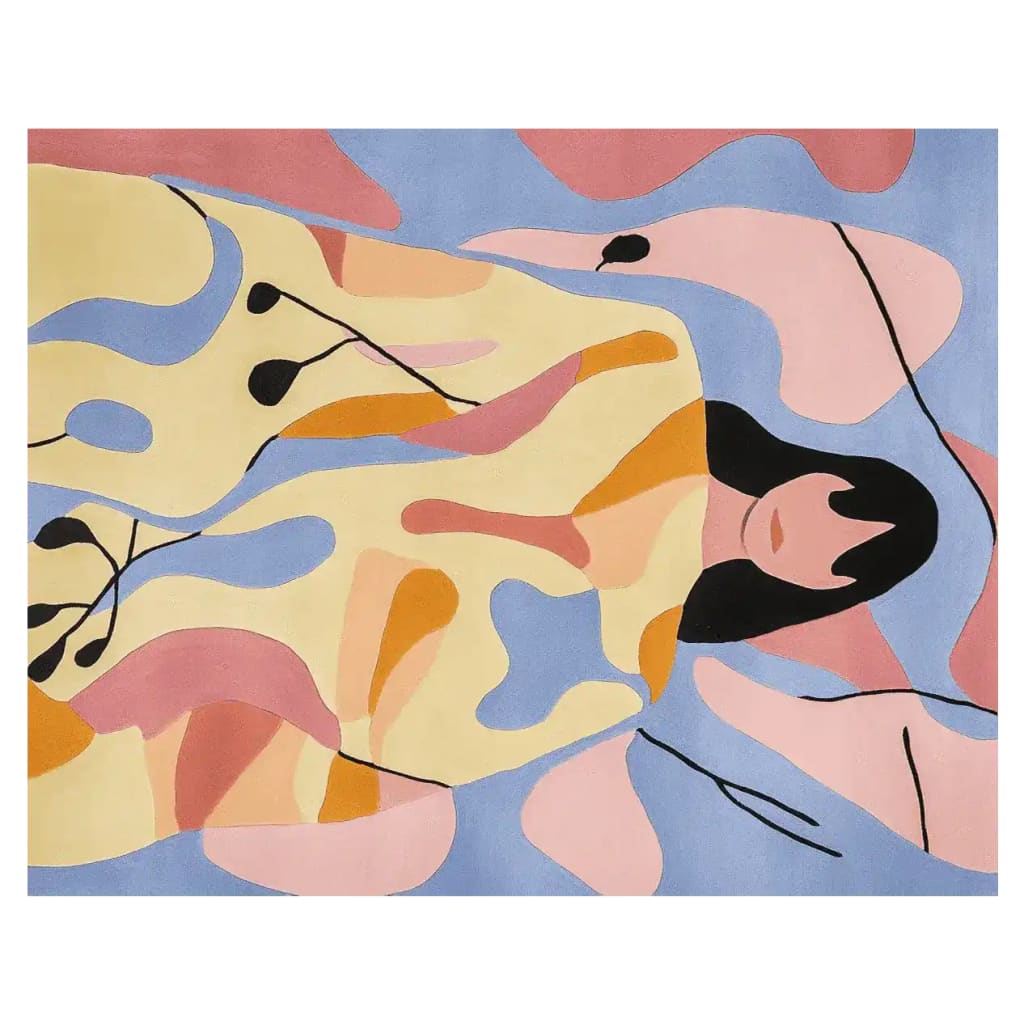 This vibrant area rug features an abstract design with flowing shapes in pastel hues of pink, blue, and yellow. Perfect for adding a contemporary touch to your living space, this 8x10 wool rug is ideal for modern living rooms.