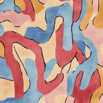 A vibrant and contemporary area rug featuring an abstract design with flowing patterns in blue, red, mustard, and pink. This hand-tufted wool rug is perfect for adding a touch of modern art to your living room area. Ideal for spaces requiring an 8x10 size rug.