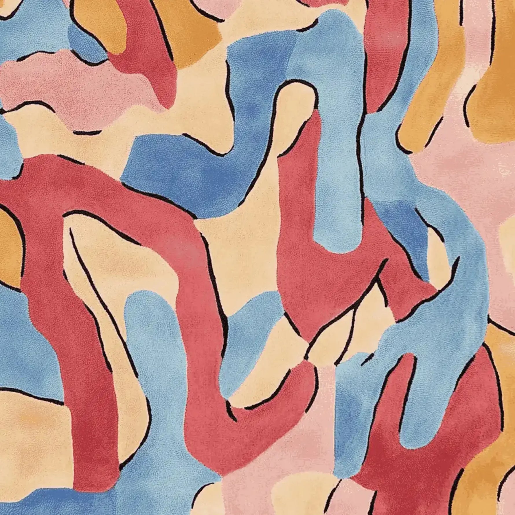 A vibrant and contemporary area rug featuring an abstract design with flowing patterns in blue, red, mustard, and pink. This hand-tufted wool rug is perfect for adding a touch of modern art to your living room area. Ideal for spaces requiring an 8x10 size rug.
