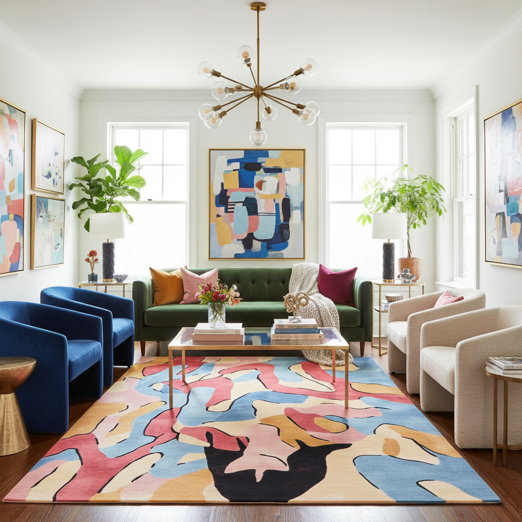 Modern living room with colorful rug, furniture, and abstract art.