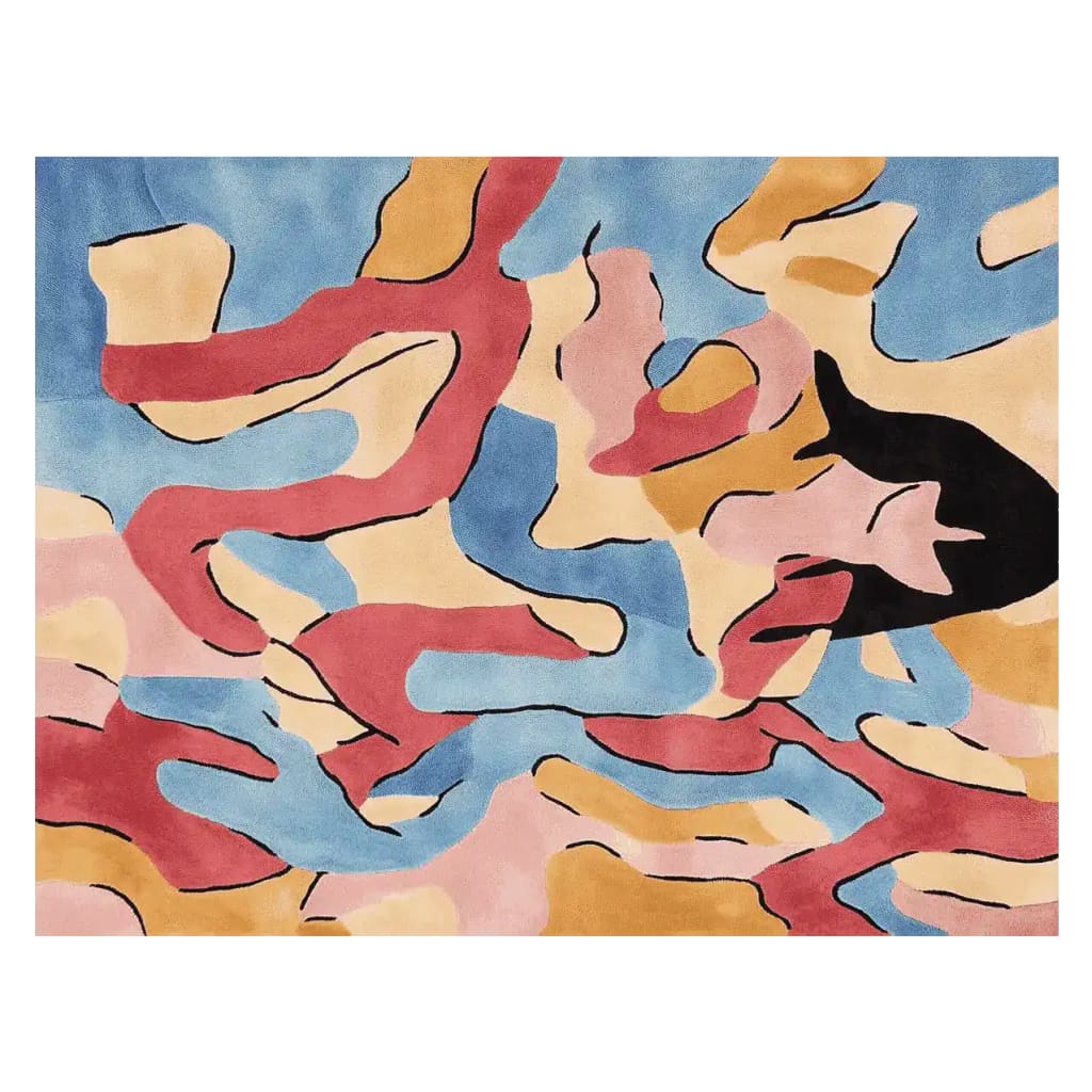 Top view of the Dream Logic Tangle Hand Tufted Area Rug showcasing its vibrant abstract design in blue, pink, and yellow hues. This contemporary rug is perfect for adding a splash of color to your living room. Available in 8x10, this wool rug blends style and comfort, making it an ideal choice for living room area rugs.