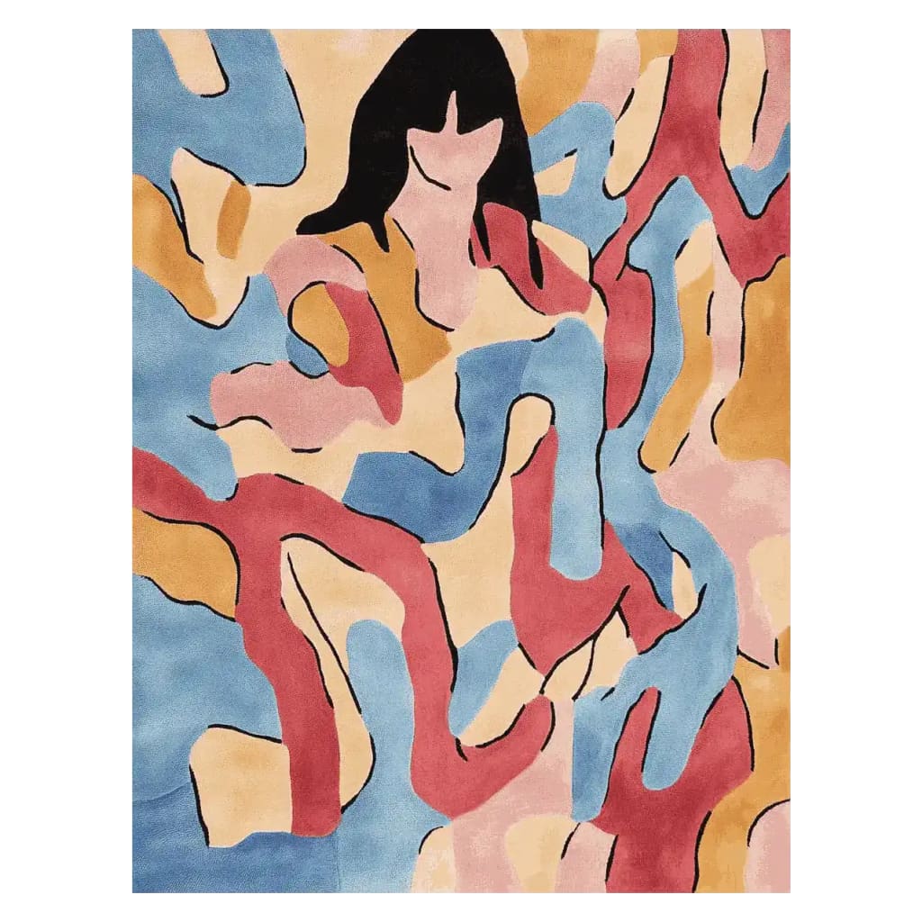 A vibrant hand-tufted area rug featuring an abstract design with flowing lines in shades of blue, pink, yellow, and red. This contemporary rug, ideal for adding a splash of color to a living room, measures 8x10 and is crafted from high-quality wool, perfect for those seeking stylish living room area rugs.
