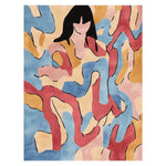 A vibrant hand-tufted area rug featuring an abstract design with flowing lines in shades of blue, pink, yellow, and red. This contemporary rug, ideal for adding a splash of color to a living room, measures 8x10 and is crafted from high-quality wool, perfect for those seeking stylish living room area rugs.