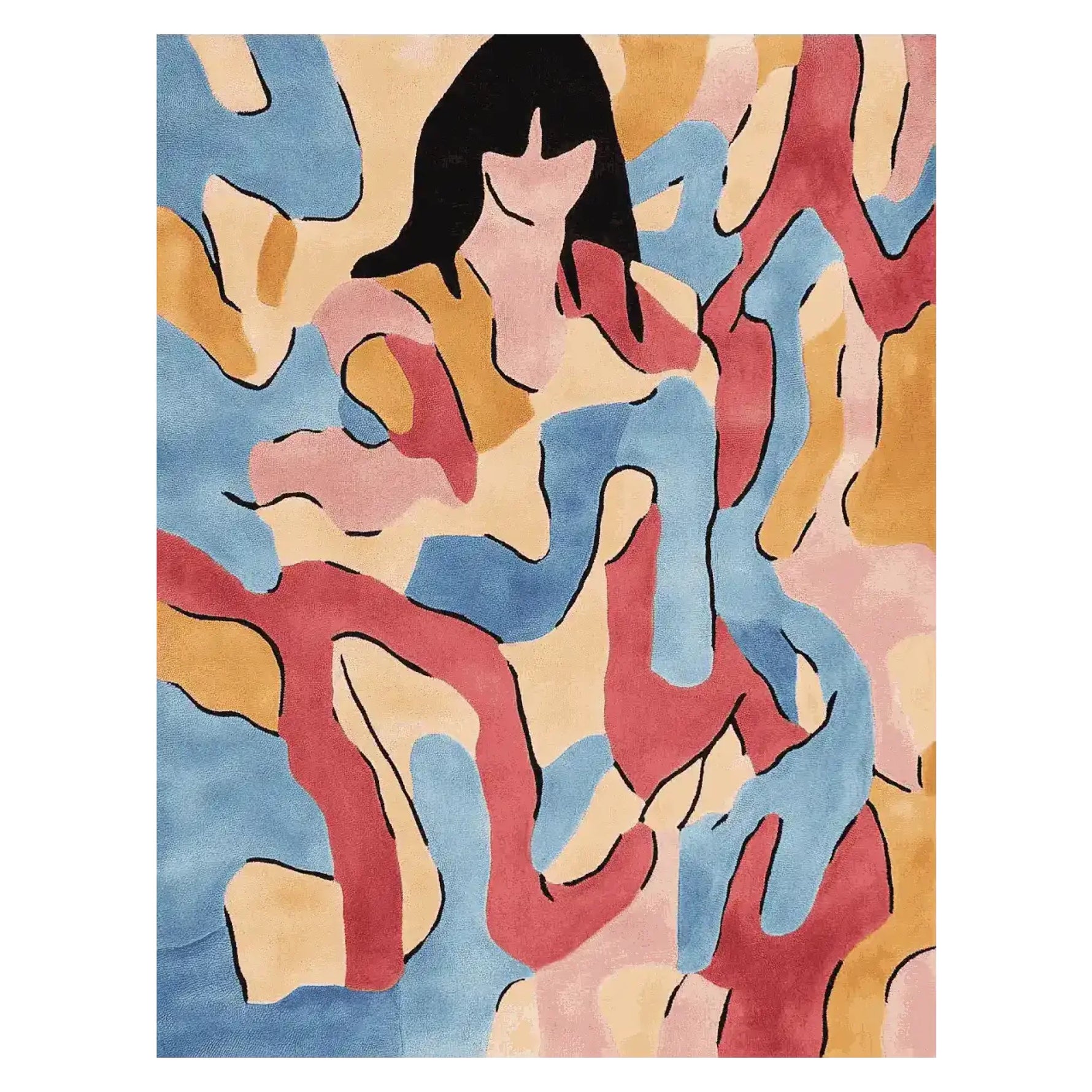 A vibrant hand-tufted area rug featuring an abstract design with flowing lines in shades of blue, pink, yellow, and red. This contemporary rug, ideal for adding a splash of color to a living room, measures 8x10 and is crafted from high-quality wool, perfect for those seeking stylish living room area rugs.