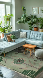 A cozy office space featuring a Dream Weave Hand Tufted Area Rug with abstract patterns, adding a touch of elegance. The wool rug complements the soft blue sectional sofa and wooden coffee table, surrounded by lush green plants.