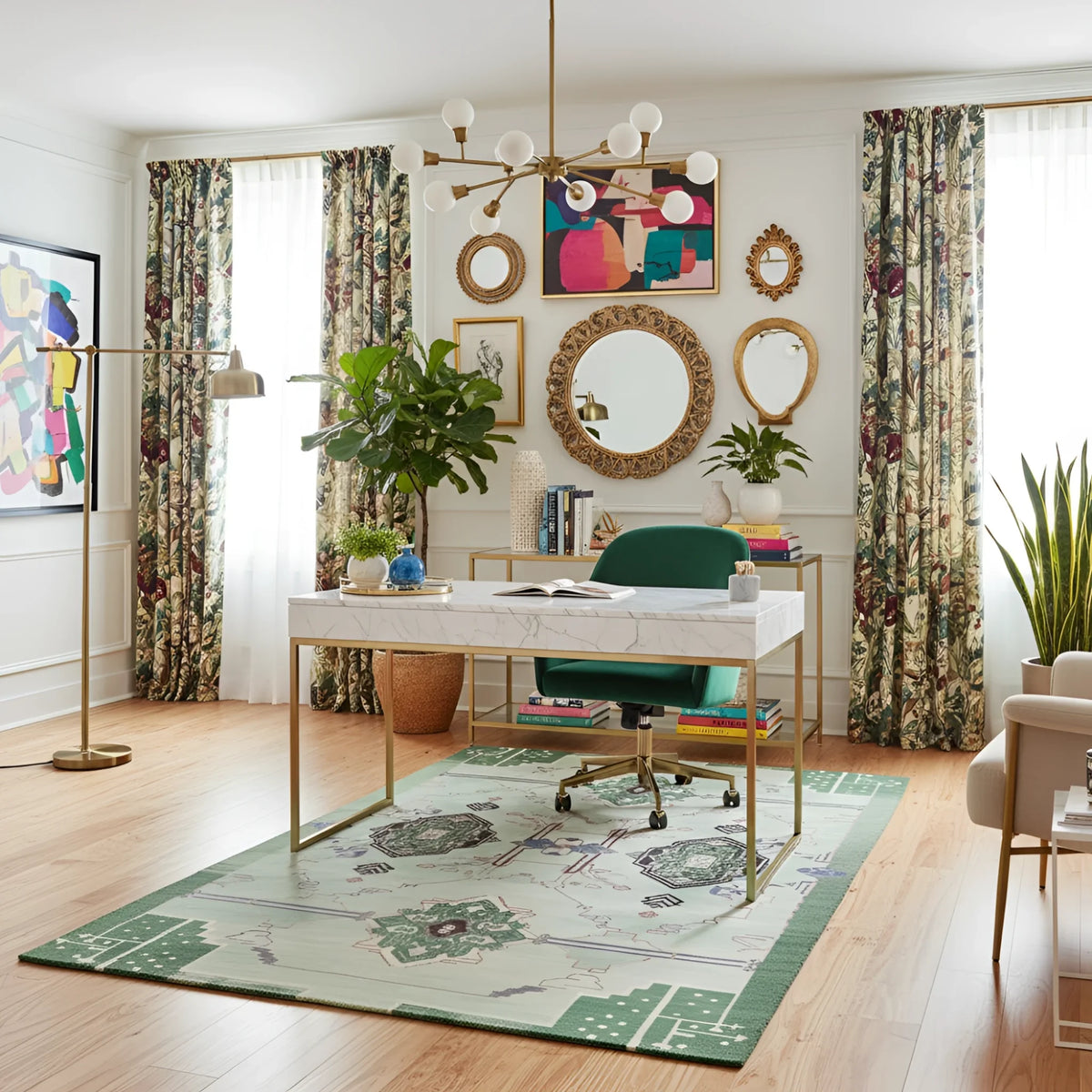 Modern home office with a desk, chair, an abstract green wool rug, and decorative elements.