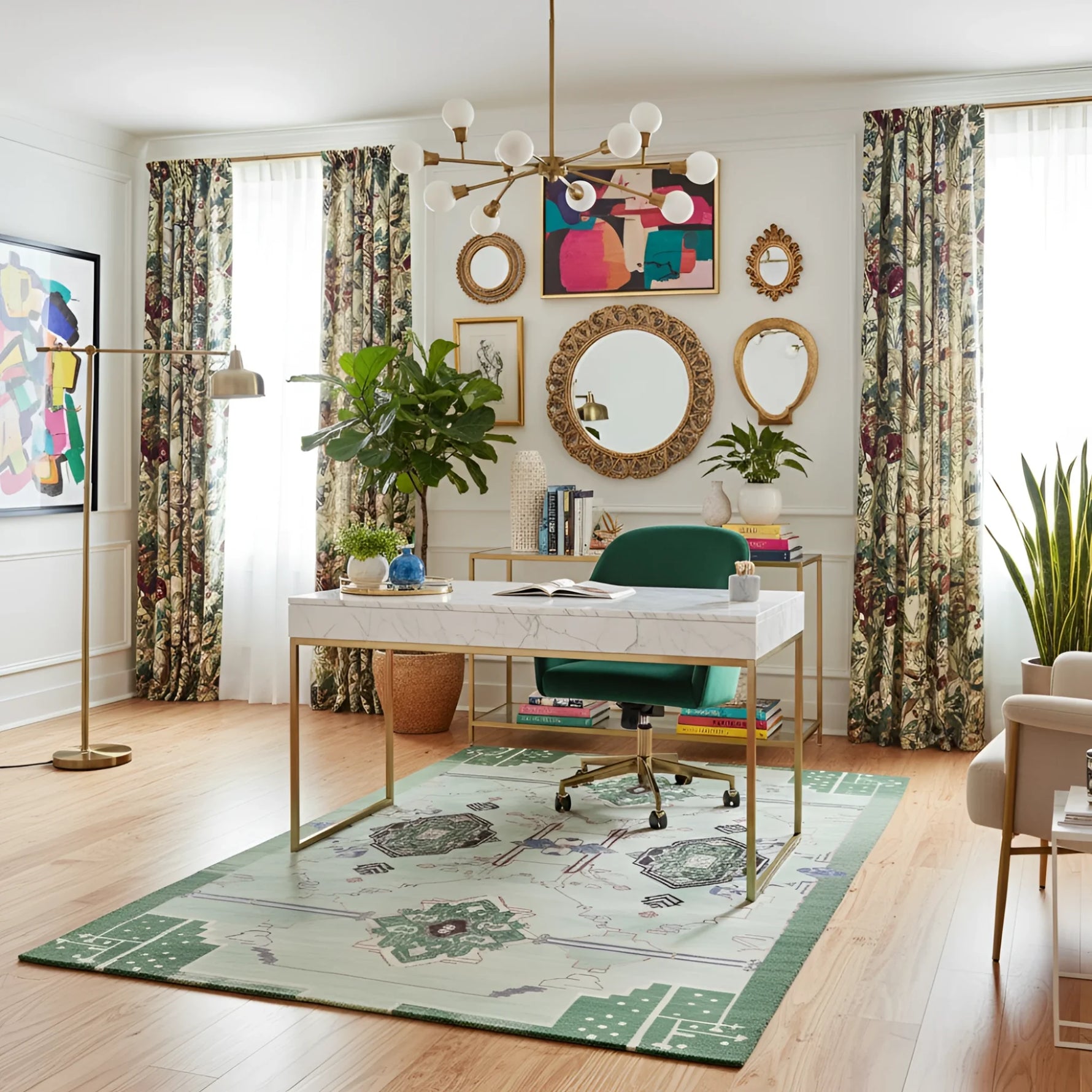 Modern home office with a desk, chair, an abstract green wool rug, and decorative elements.